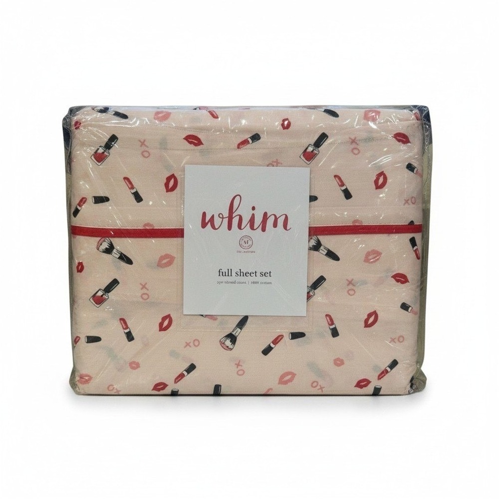 Martha Stewart Whim Full Sheet Set Makeup Lipstick Print 100% Cotton 4pc Pink